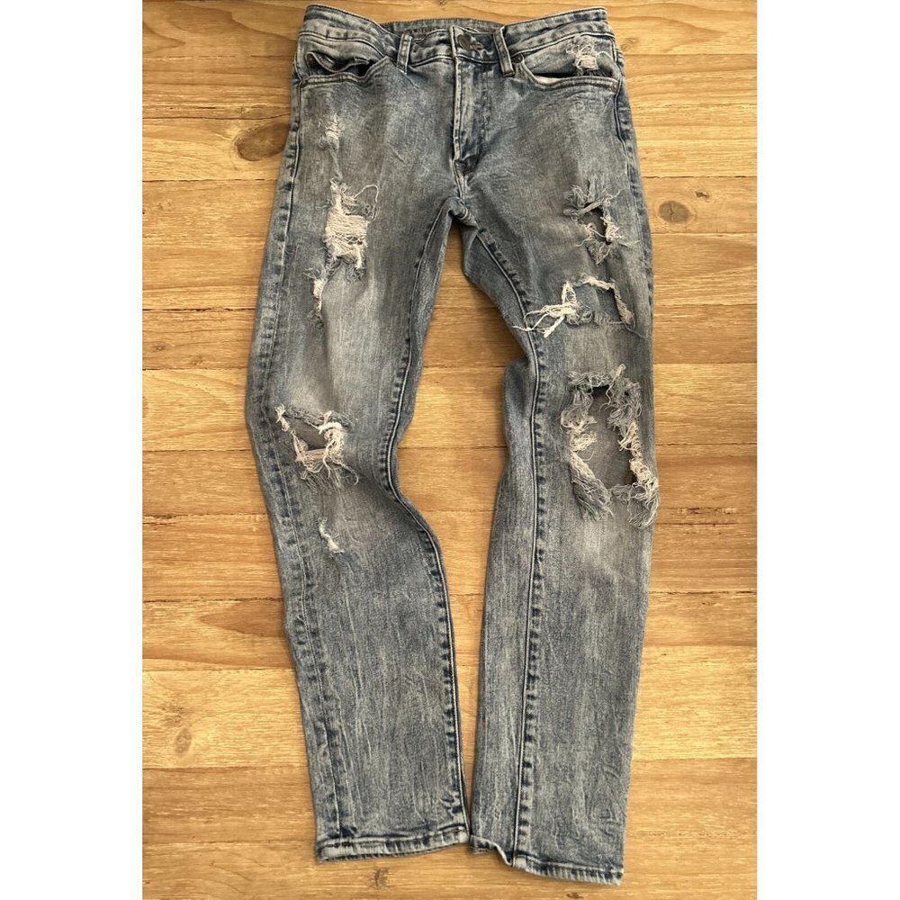 American Eagle Mens SLIM TAPER Flex Jean Light Wash Low Rise Distressed 29 x 30